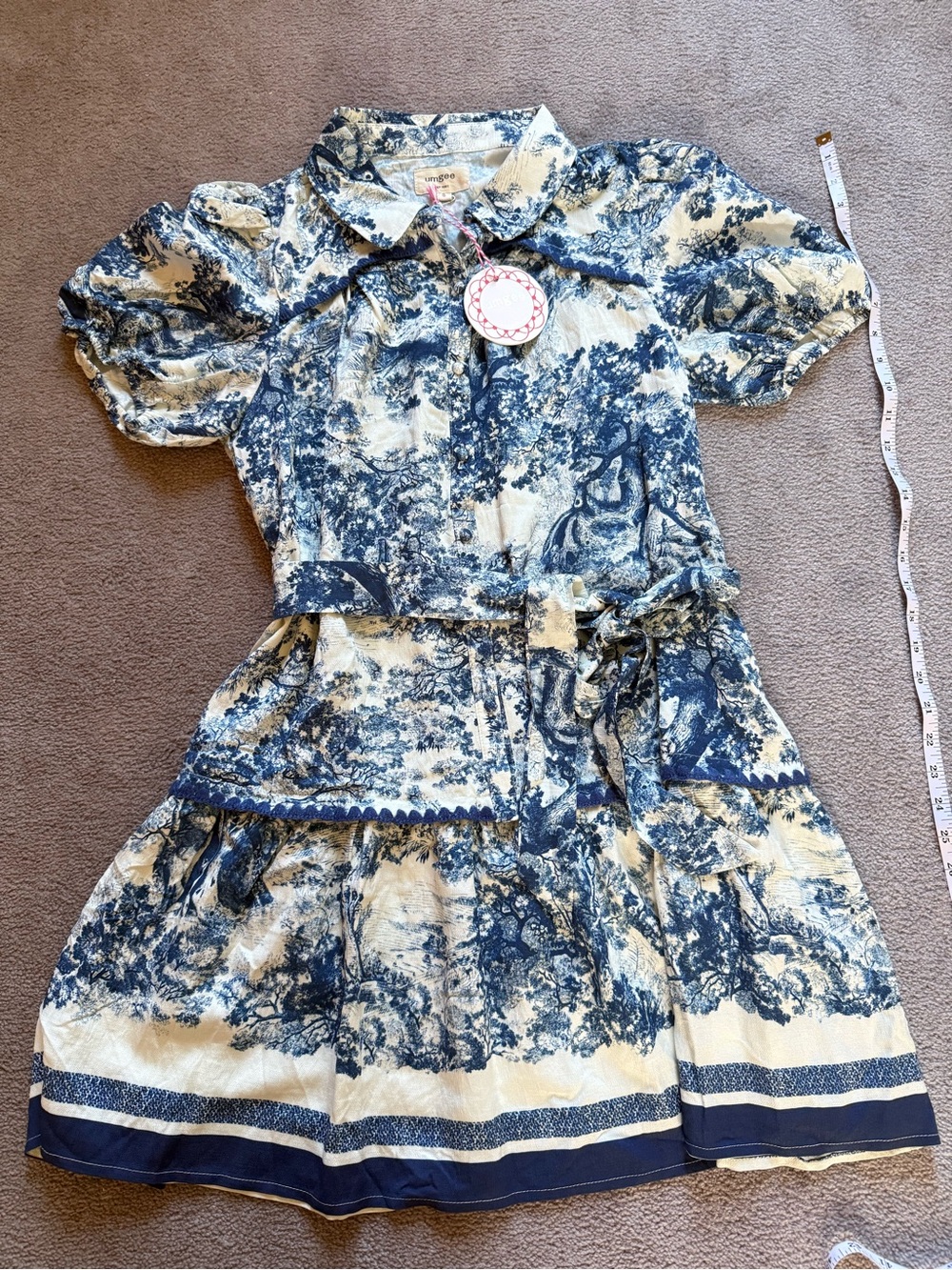 Umgee Navy and Cream Scenic Print Shirt Dress with Puff Sleeves